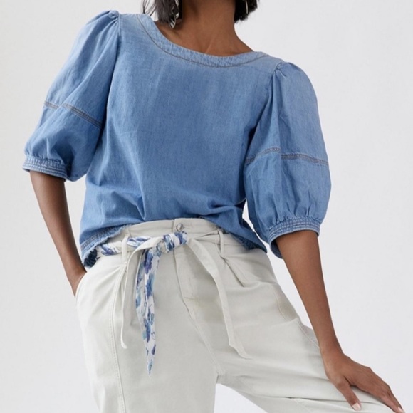 Anthropologie Tops - Anthro Pilcro Puff Sleeve Denim Blouse